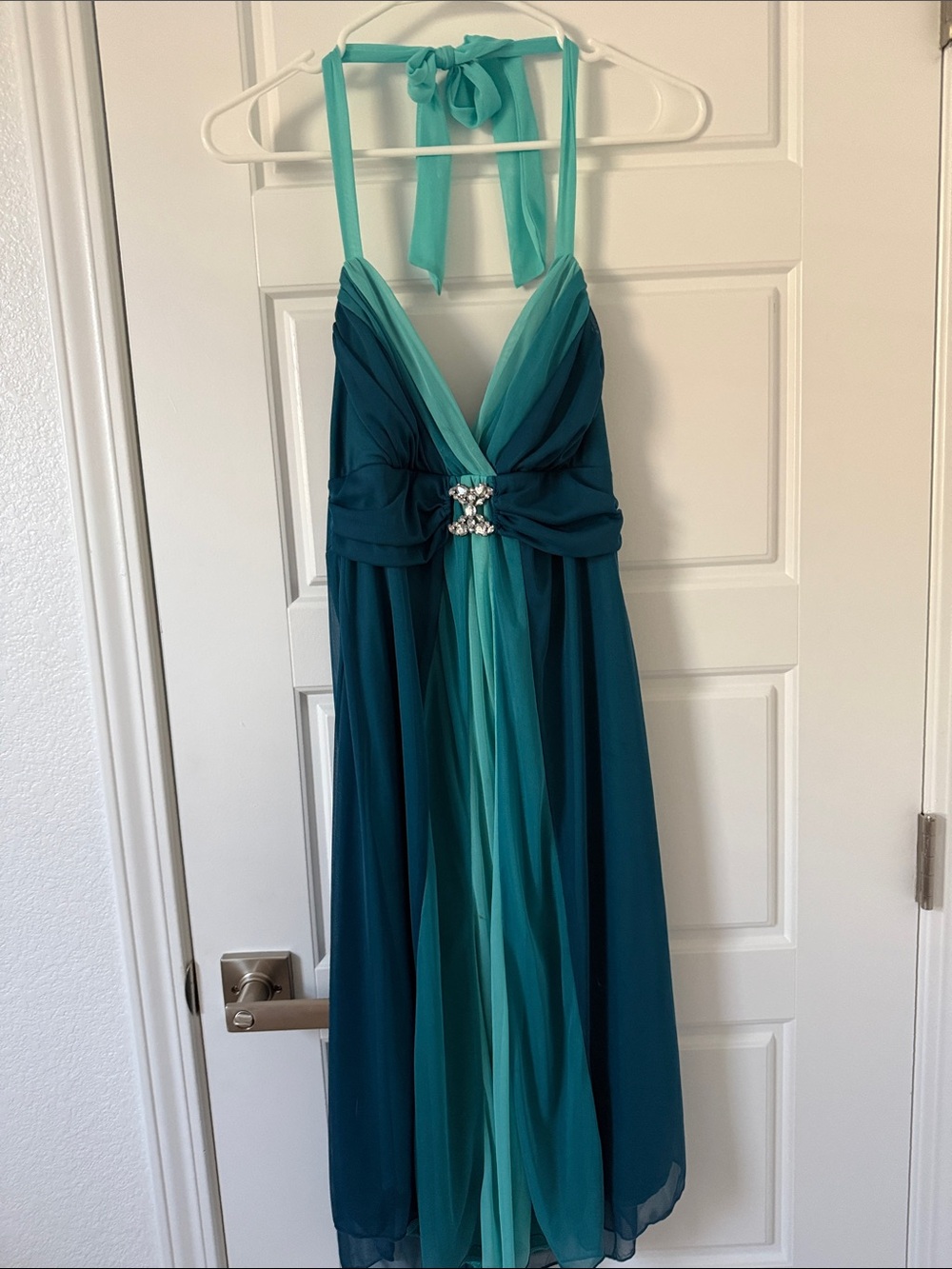 Trixxi Teal and Aqua Strapless Halter Evening Dress